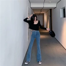 Женские узкие расклешенные джинсы с высокой талией стрейч деним женский колокольчик обтягивающие повседневные длинные джинсовые брюки