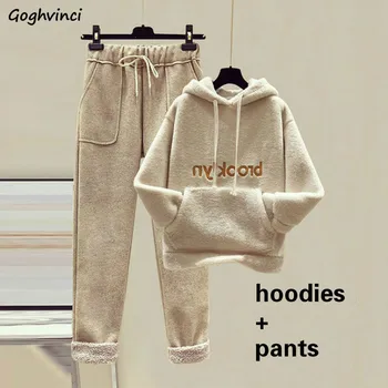 

Sets Women Lambswool Letter-embroidery Hooded Plus Velvet Thicker Korean Style Large Size 3XL Comfortable All-match Feminino