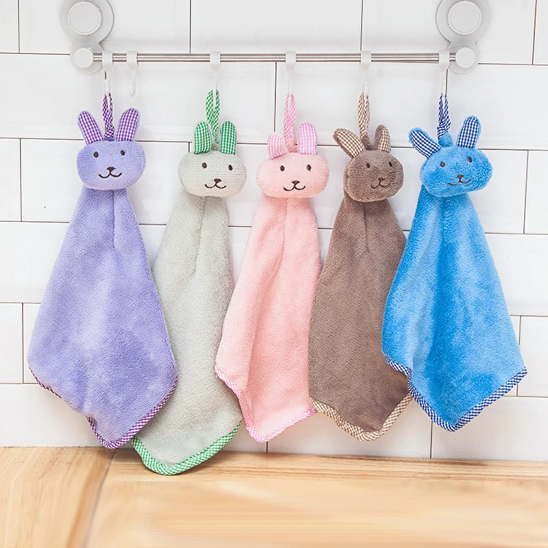 1PC 45x20cm Baby Hand Towel Cartoon Animal Rabbit Plush Pink Blue Color Kitchen Soft Hanging Bath Wipe Towel