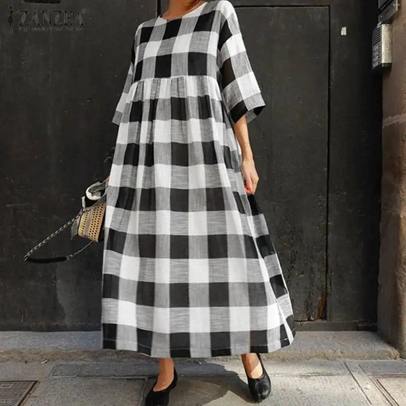 ZANZEA размера плюс, женское платье, богемное, Vestidos, повседневное, хлопок, лен, длинное, макси, сарафан, элегантное, для девушек, для работы, офиса, кафтан, Халат
