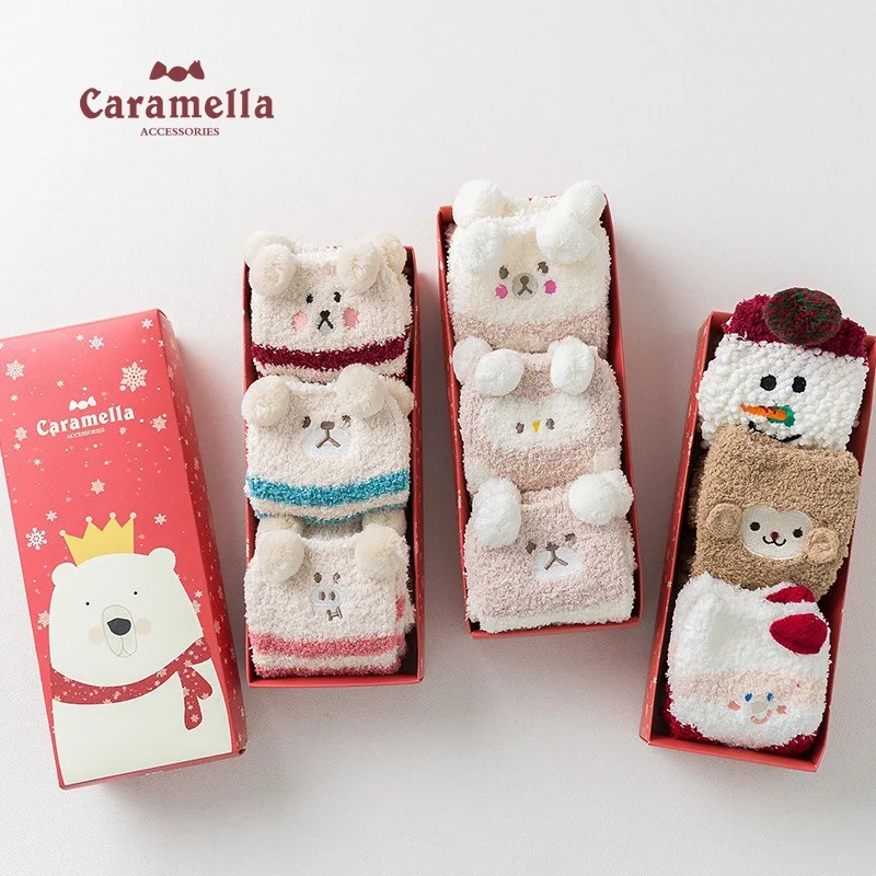 Caramella/3 пары рождественских носков; зимние бархатные мягкие коралловые флисовые Носки для сна с героями мультфильмов; махровые носки для детей; забавные носки