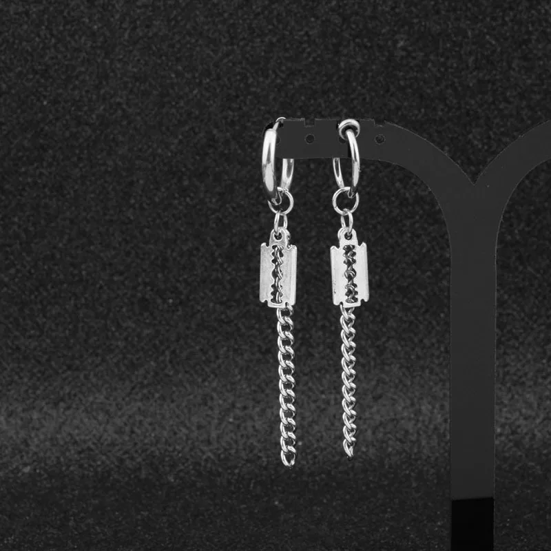 Korean Pop Jewelry Boys Stainless Steel Punk Stud Earring Razor Blades Unisex Earrings Rock Tassel Shaver Geometric Men Ear Clip | Украшения