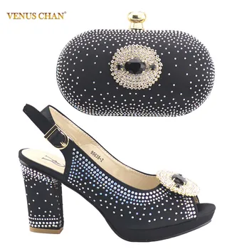 

Black Color Matching Shoes and Bag Set Decorated with Rhinestone African Shoe and Bag Set for Party In Women Nigerian Shoes Bag