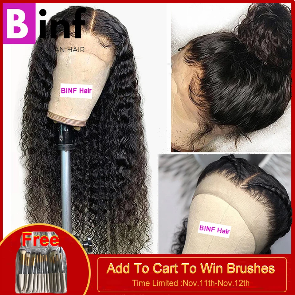BINF, высокое соотношение, волосы remy, 360, фронтальный парик, бразильский, глубокая волна, парик с детскими волосами, предварительно выщипанные волосы, цвет 1B для женщин