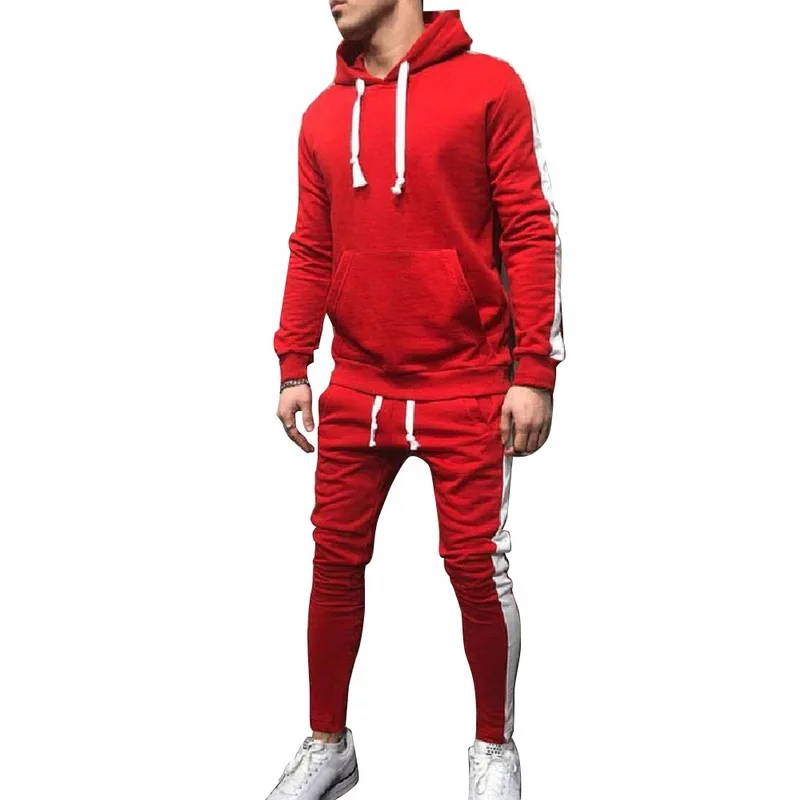 Осенняя куртка+ штаны, 2 шт., полосатый спортивный костюм, мужской повседневный спортивный костюм с капюшоном, комплект спортивной одежды, толстовка, спортивные штаны, мужская куртка - Цвет: Red1 Set