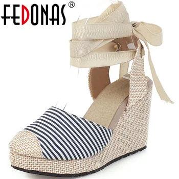 

FEDONAS Color Mixing Women Wedges Heels Summer Denim Leather Cross-Tied Sandals Party Working New Arrival Round Toe Shoes Woman
