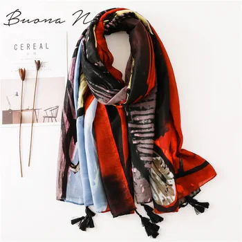 

Luxury Brand Geometric Painting Tassel Viscose Shawl Scarf Ladies Fashion Soft Head Wraps Pashmina Stole Muslim Hijab 180*100Cm