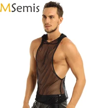 Мужское нижнее белье в сеточку, прозрачный жилет с капюшоном, майка, сетчатая ажурная Клубная одежда, майка для мужчин, ночной клуб, вечерний костюм