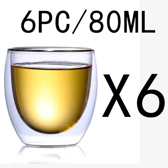 6PC glass 80ML 2/4/6/шт. Кофейные стеклянные двойные изолированные стаканы для питья молока, чая, красного вина, путешествий, вина, шампанского, забавные стаканы, изолированные стаканы - Цвет: 6PC glass 80ML
