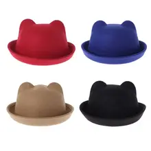 Мода унисекс шерсть родитель-ребенок Женская фетровая шляпа-котелок шляпы Дерби Кепка с кошачьими ушками