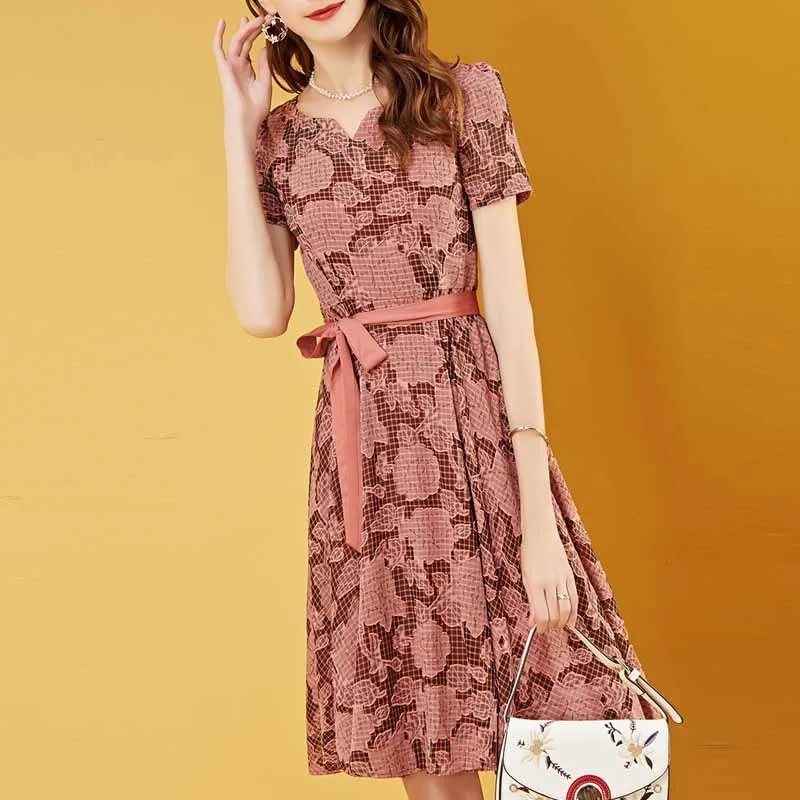 

WOMEN'S Dress Elegant V-neck Plaid Skirt Summer 2019 New Style Waist Hugging Short Sleeve Printed Mid-length Dress Hot Selling