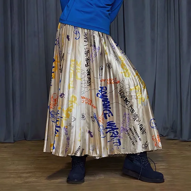 Осень Зима Новая коллекция граффити печати длинные женские плиссированные юбки