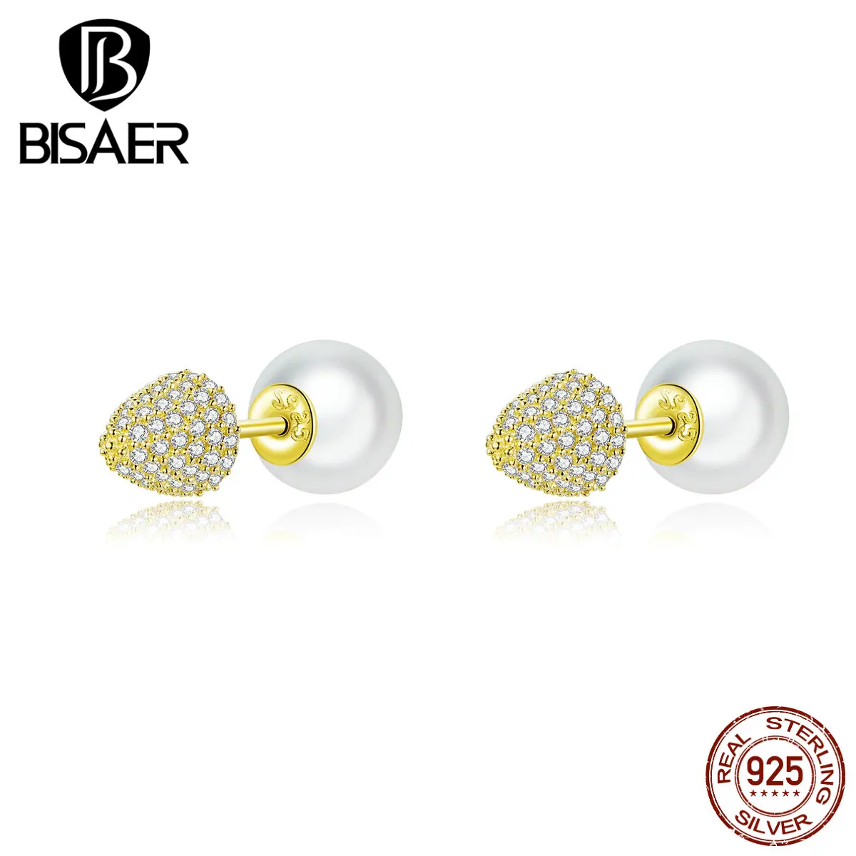 Серьги с жемчугом BISAER, 925 пробы, серебро, треугольная форма, изысканные серьги-гвоздики для женщин, маленькие серьги, ювелирное изделие EFE286