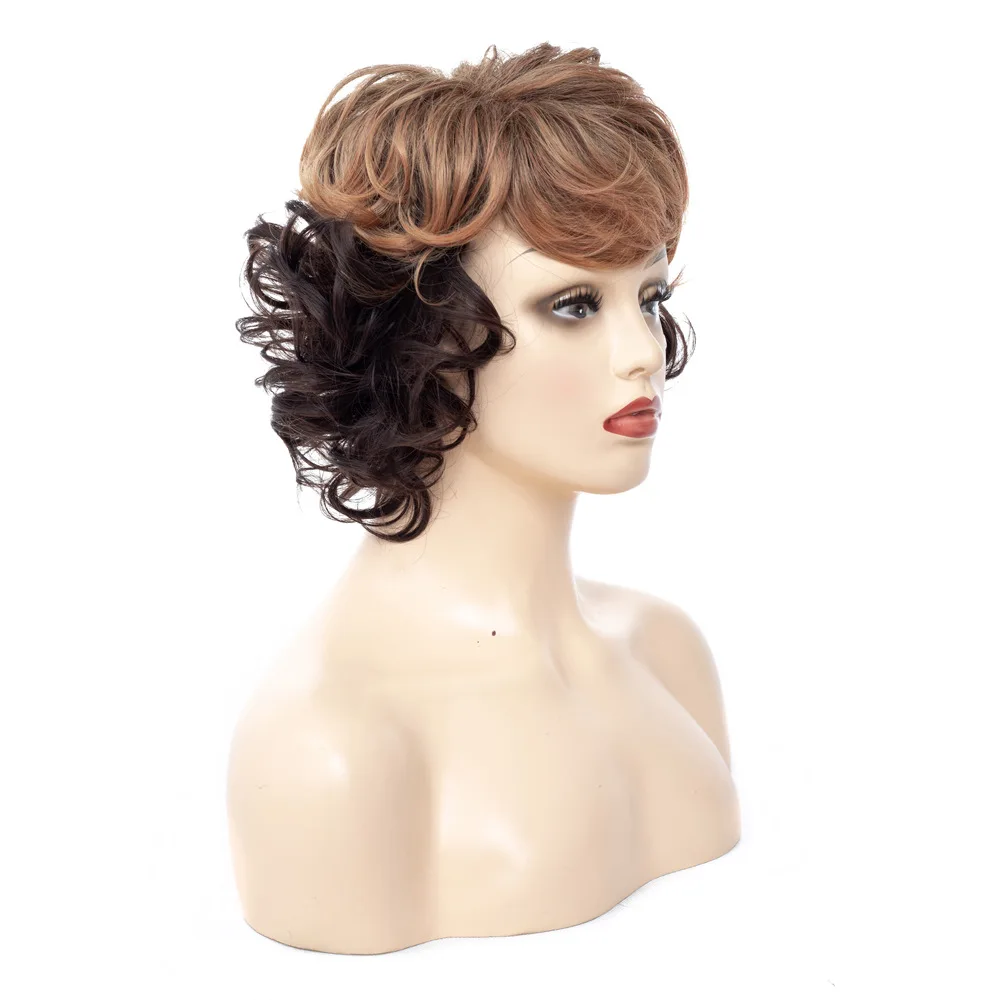 LIHUI Women's short curly hair synthetic wig Oblique bangs Curly wigs Brown gradient black