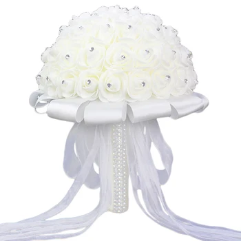 

Bouquet of Bridesmaid Silk Flowers Wedding Foam flowers White Rose Bridal Bouquet White Satin Romantic Wedding Bouquet-ABUX