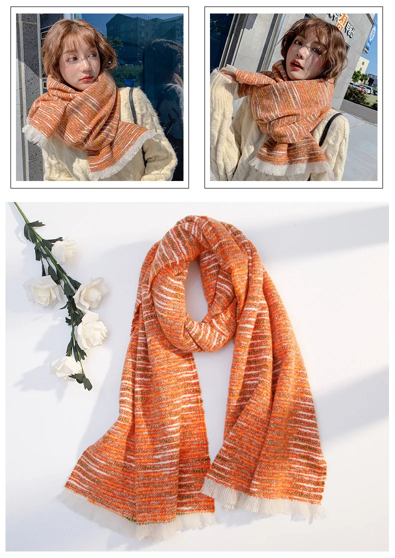 Striped Winter Scarf Women Rainbow Warm Foulard Solid Scarves Fashion Casual Soft Scarfs Cashmere Bufandas Hombre Pink