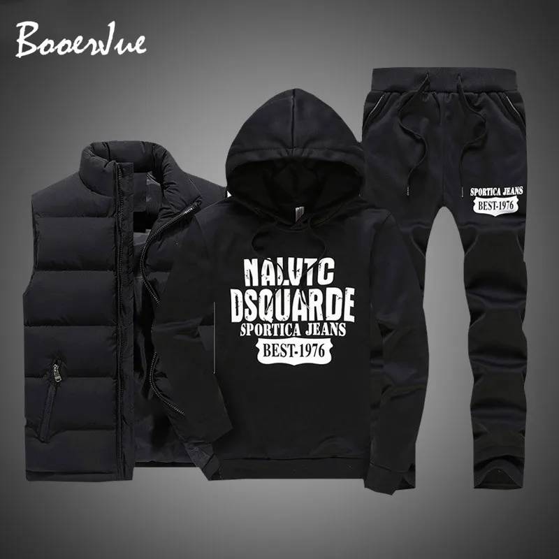 3 Pieces Fur Hooded Fleece Hoodies+Zipper Vest+Sweatpants Winter Thick Warm Tracksuit Men Sporting Coat Sweatsuit 2021 | Мужская одежда