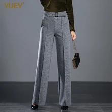 YUEY новые офисные женские толстые теплые рабочие брюки женские с высокой талией широкие брюки с эластичной резинкой на талии прямые брюки для костюма размера плюс серые
