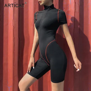 

Articat Turtleneck Skinny Playsuit Women Zipper Short Sleeve Striped Black Rompers Women Running Wear Biker Shorts Bodysuit
