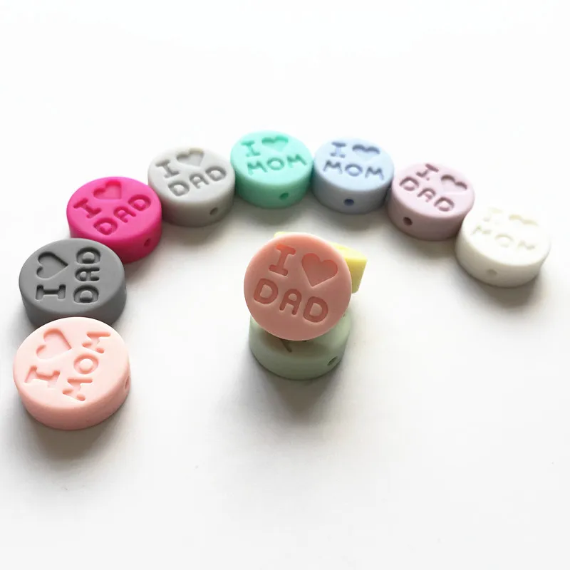 

NEW 100pcs/lot Silicone Beads "I Love Mom" Round Teething Beads Food Grade Baby Teether DIY set baby loose beads Free Shipping