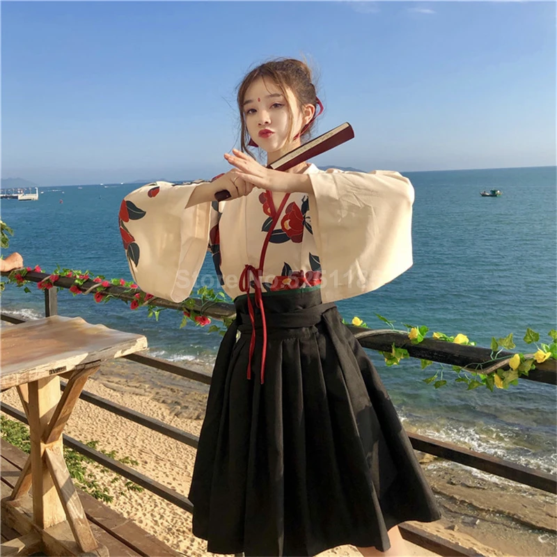 Японское кимоно одежда юката девушки Haori Obi с длинным рукавом платья для вечеринок женские Самурайские Топы Цветочная одежда с принтом аниме юбка