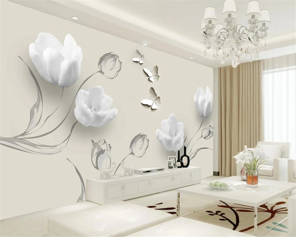 beibehang Customized new wallpaper fashion simple tulip butterfly 3D TV background papel de parede wall papers home decor