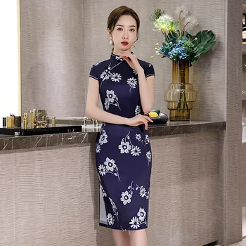 

Big Size Short Cheongsam Oriental Womens Knee Length Qipao Evening Gown Vintage Chinese Style Party Dress Summer Button Vestido