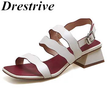 

Drestrive Full Genuine Leather Square Toe Thick Heels Buckle 2020 Summer Classics Women's Sandals Cow Leather Black Mid Heel