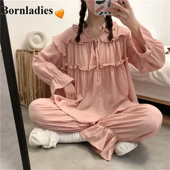 

Bornladies Chic Pink Solid Lace-Up Girls Women Sweet 2020 Minimalist Fashion Sleepwear Loose Pajamas Suits Fresh Home Clothes