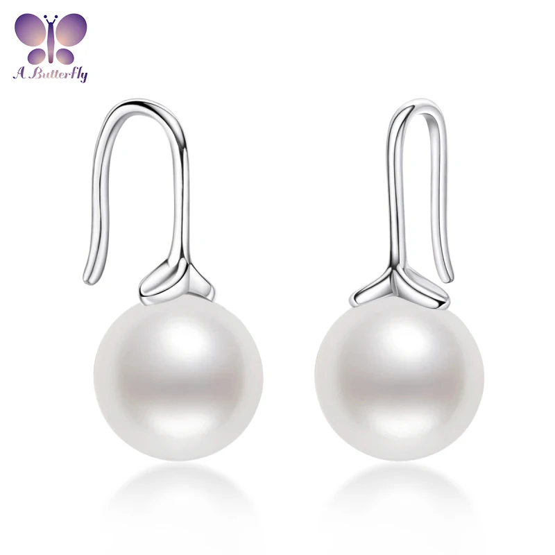 A Butterfly 925 Sterling Silver Pearl Ear Hooks 7.5-8mm Natural Freshwater White Pearl Leaf Earrings