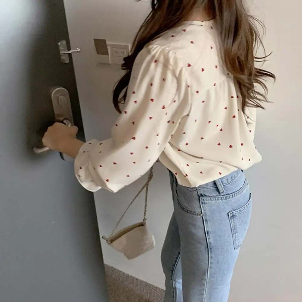 Korean Style Women Chiffon Blouses Heart Print Loose Button Up Shirt Women V Neck Long Sleeve Casual Blouse Office Ladies Shirt blouses striped soccer heart notched neck blouse in multicolor size l s xl