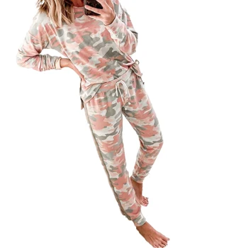

Women Camouflage Printed Pajamas Suit Full Regular Length Sleeve Round Neck Pullover Top Ankle Length Drawstring Bottom Set