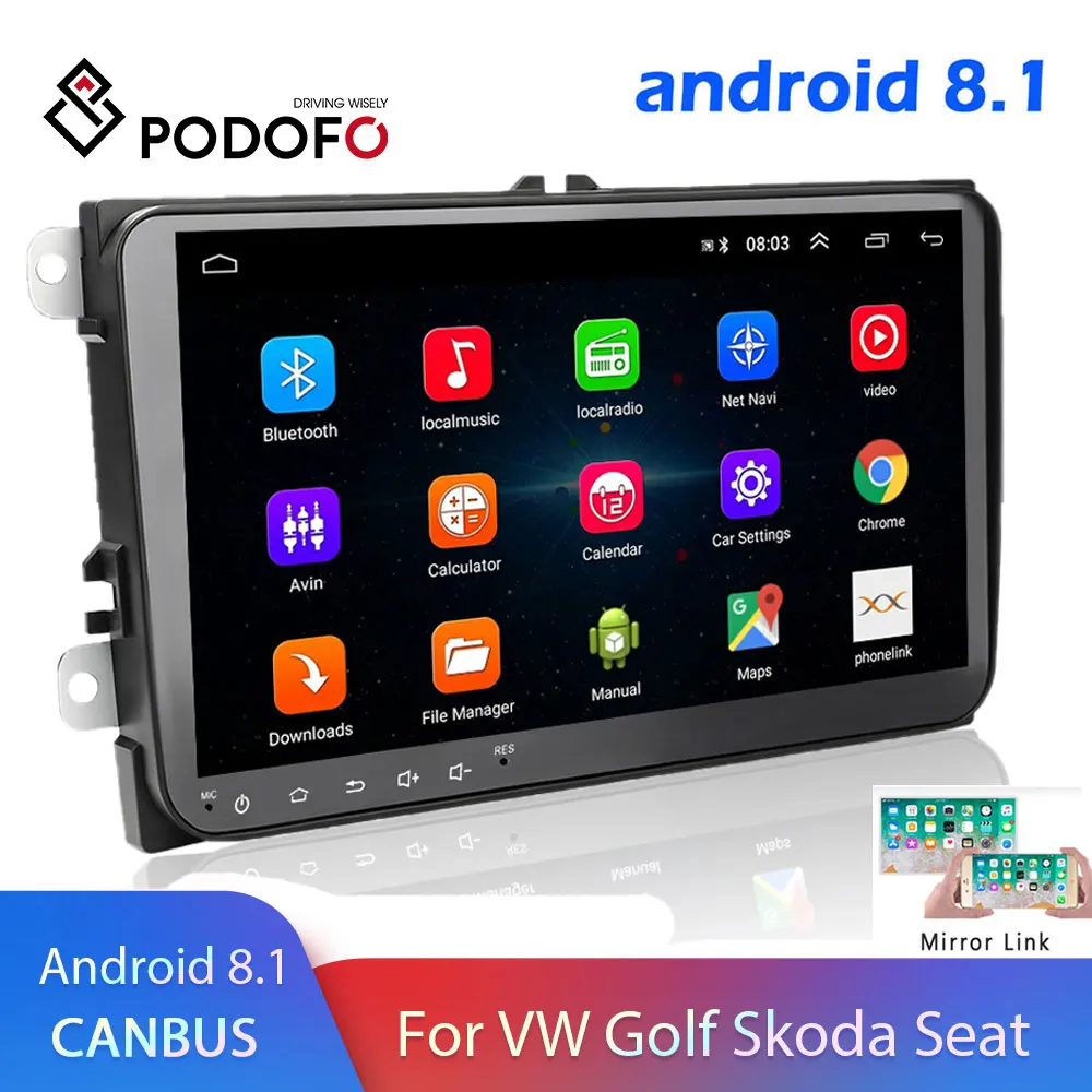 Podofo Android 8 1 2 Din Автомобильный Радио мультимедийный плеер GPS стерео для Volkswagen Skoda Seat