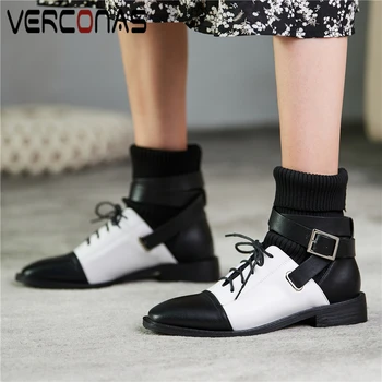 

VERCONAS Office Lady Fashion Ankle Boots For Women Genuine Leather Lace-Up Shoes Woman Autumn Winter New Buckle Low Heels Boots