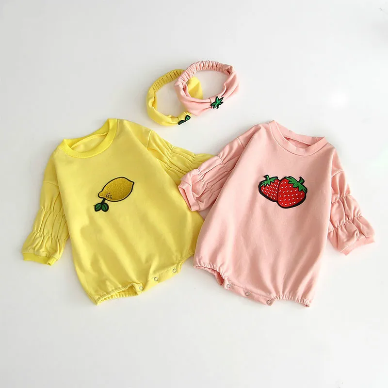

Baby Autumn Lemon Jumpsuit Baby Girl Lovely Printing Long Sleeve Romper With Headband Super Cute Twins Clothing