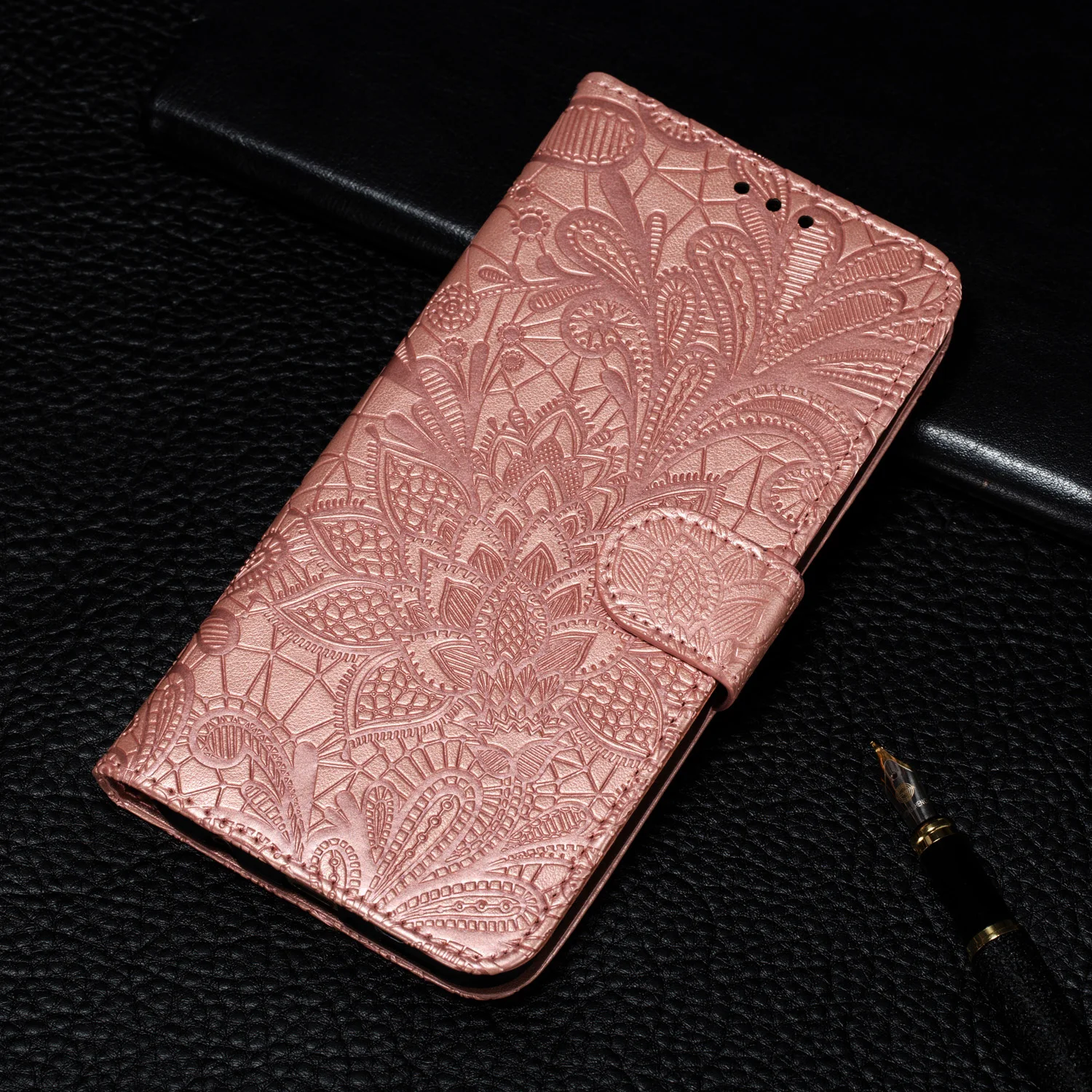 Модный чехол-книжка с 3D тиснением для iPhone 11 Pro Max 11, кожаный чехол-кошелек с кружевом и цветами, для iPhone 7 8 Plus XR XS Max 8 Plus - Цвет: Розовый