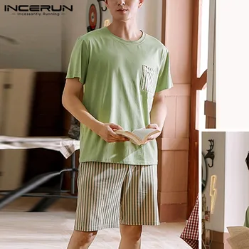 

Summer Homewear Men Pajamas Sets Comfortable Striped Patchwork Sleepwear Shorts Leisure 2 Pieces Soft Men Nightwear Sets INCERUN