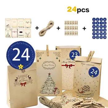 

24Pcs Advent Christmas Calendars Kraft Paper Candy Bag with Stickers Clips Rope 67JB