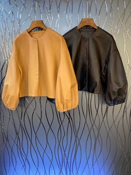 

2020 New Style for Autumn and Winter Women's round Neck Plain Decorative Bubble Long Sleeve Wild Loose Skin Shirt 827