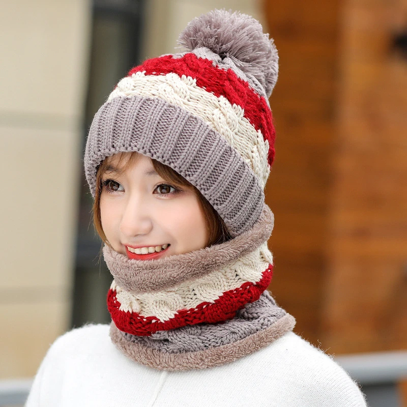 New Winter Women's Velvet Wool Hats Twist color matching Beanies Skullies Hat Female Riding Bib Knitted Hats Sets Wholesale