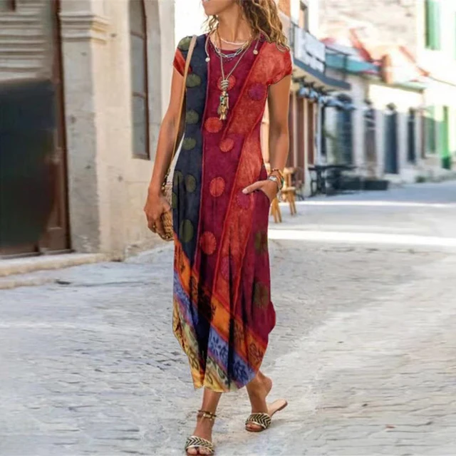 Vintage Flower Dress Women O Neck Pocket Casual Dresses For Women Loose Long Dress Plus Size Ladies Vacation Party Dress 01