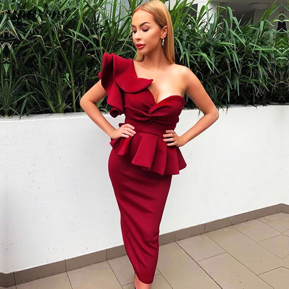 

2019 Summer New Wine Red Sexy One-Shoulder Halter Dress Female Elegant Ruffled Calf Length Club Party Dress Vestidos