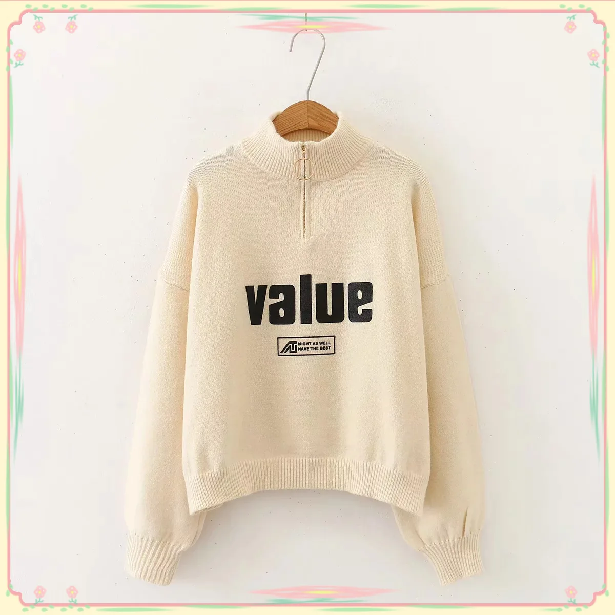 

Japanese-style Korean-style 19 Autumn And Winter New Style Versatile Loose-Fit Mock-Neck Zipper Large Printed Letter Long-sleeve