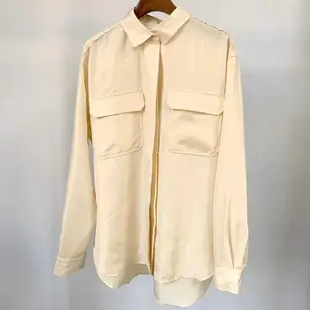 

100% Silk Women OL Blouse Lady Doubel Pockets Long Sleeve Shirt Female Single-breasted Office Business Blouses and Tops