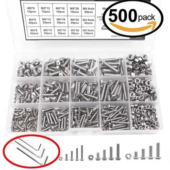 

2020 NEW 500 Pcs M3 M4 M5 Stainless Steel Button Head Hex Socket Head Cap Bolts Machine Screw and Nut Kit with Wrench 500pcs