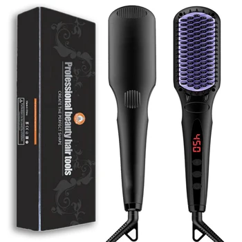 

Anti-static Hair Straightening Brushes Flat Iron Ceramic LCD Adjustable Temperature Digital smooth Hair Beard Straightener Brush