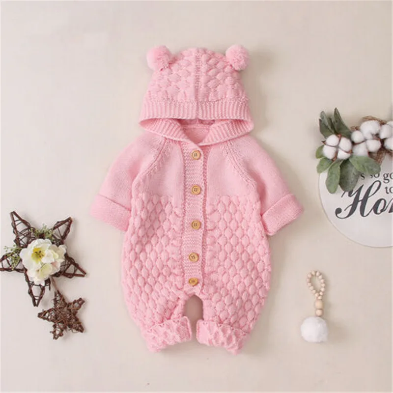 Autumn Winter New Baby Girls Boys Knitted Cotton Romper Jumpsuit Warm Fashion Hooded Bear Ear Cute Outfits Newborn Infantile set