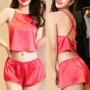 

Fashion Pajamas Set For Womens Satin Solid Color Lace Lingerie Sexy Lace Nightwear Underwear Babydoll Short Sleepwear Set L58