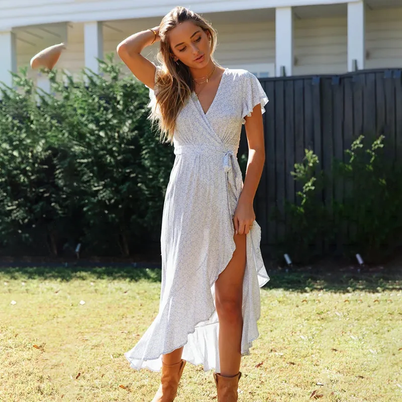 Женское длинное платье с оборками Boho Платье макси коротким рукавом и лето 2020 |