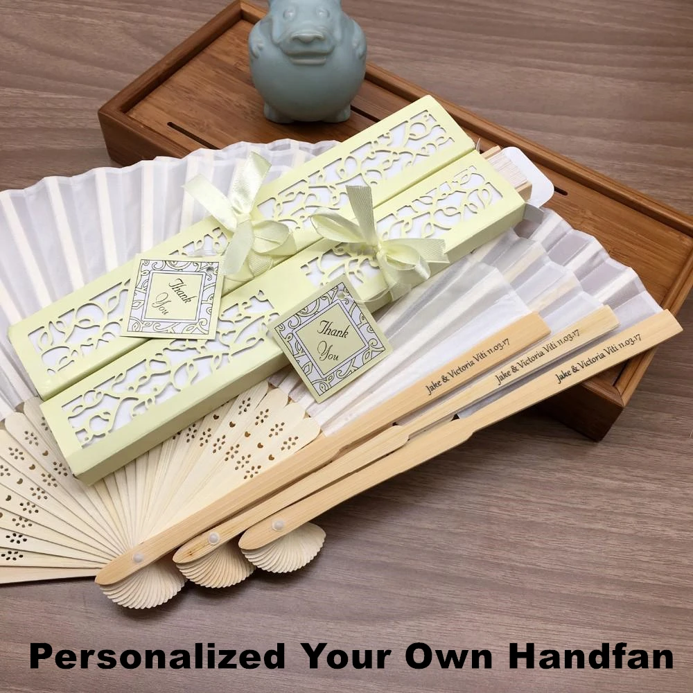 

1Pcs Bamboo Hand Fan Personalized HandFan Folding Elegant Laser Silk Fold Fans Wedding Gifts For Guests Customized Party Favors